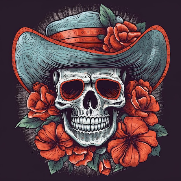 Uma caveira com um chapéu e flores.