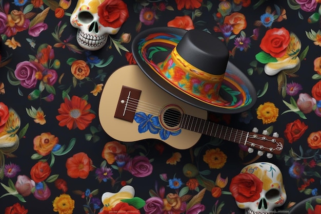 Uma caveira com um sombrero e uma guitarra