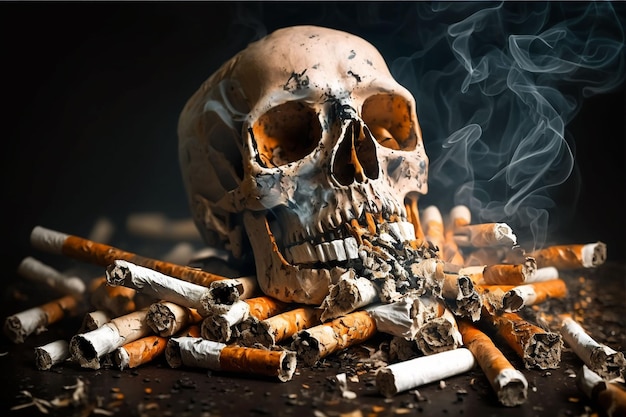 Uma caveira e cigarros estão rodeados de fumaça e a palavra fumando nela.
