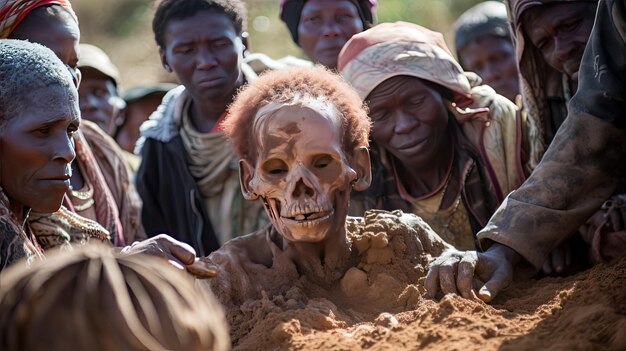 uma caveira está enterrada na areia com outras pessoas ao seu redor.