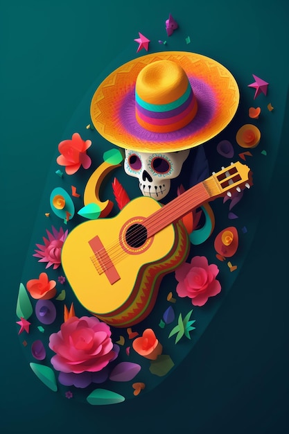 Uma caveira mexicana com uma guitarra e flores