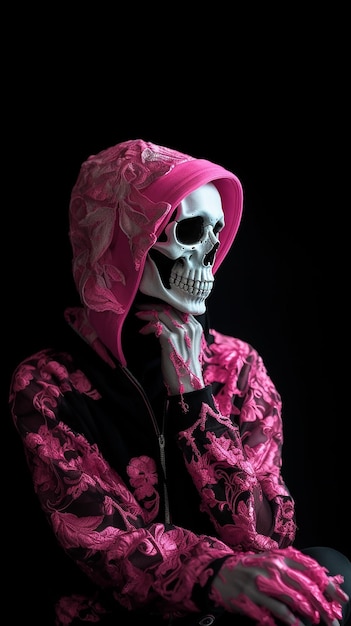 Uma caveira rosa com um capuz rosa que diz 'skull' on it