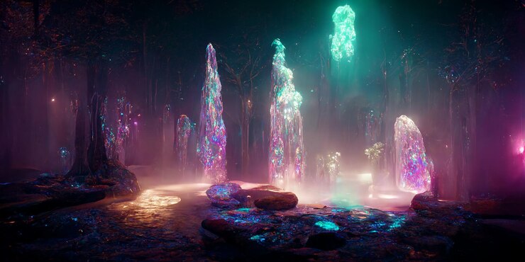 Foto uma caverna brilhante com uma luz brilhante que é iluminada com uma luz roxa.