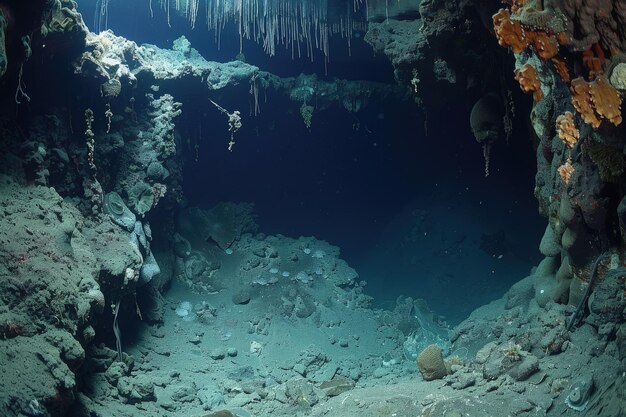 Uma caverna cheia de água e rochas.