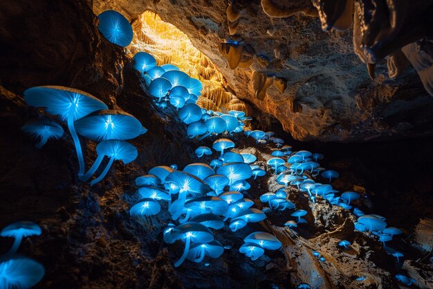 Foto uma caverna com luzes azuis e uma luz azul dentro