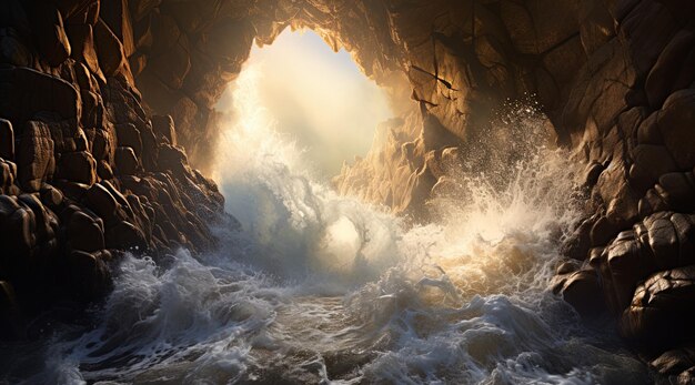 Foto uma caverna com o oceano e o sol a brilhar através da água