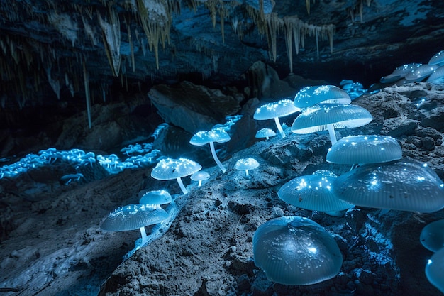 Foto uma caverna com um bando de cogumelos e icebergs pendurados no teto