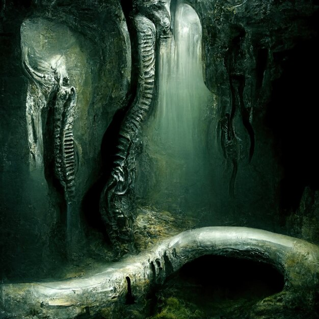 Foto uma caverna com um cano de água e uma cavernas com uma cobra