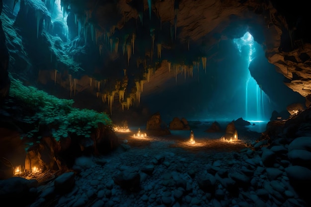 Foto uma caverna com uma cachoeira e uma cachorra no fundo