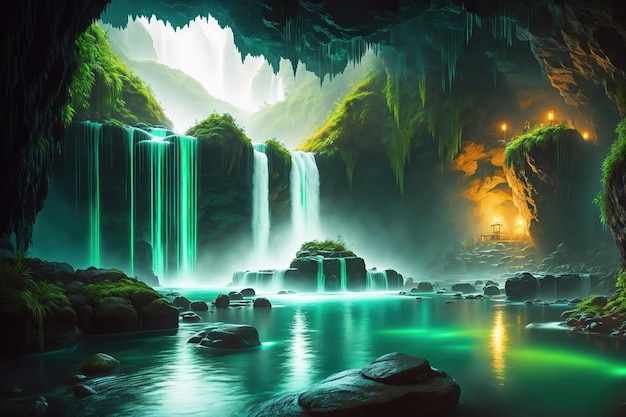Uma caverna com uma cachoeira e uma luz verde