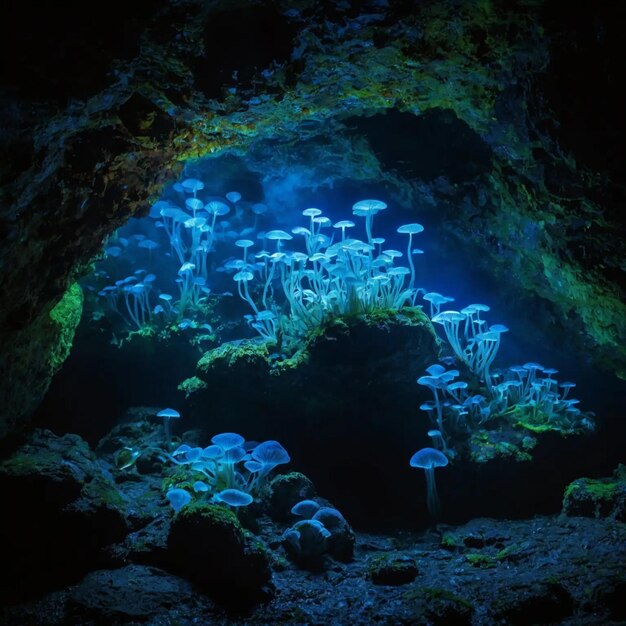 uma caverna com uma luz azul e um cogumelo nela