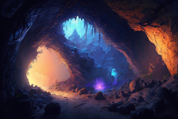 Uma caverna com uma luz azul e uma luz roxa