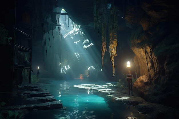Uma caverna com uma luz entrando pela caverna