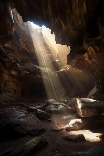 Foto uma caverna com uma luz entrando pelo teto