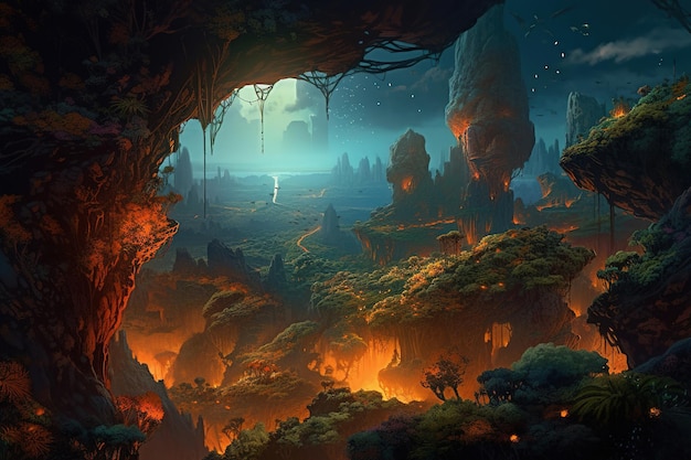 Uma caverna com uma montanha e um fogo nela