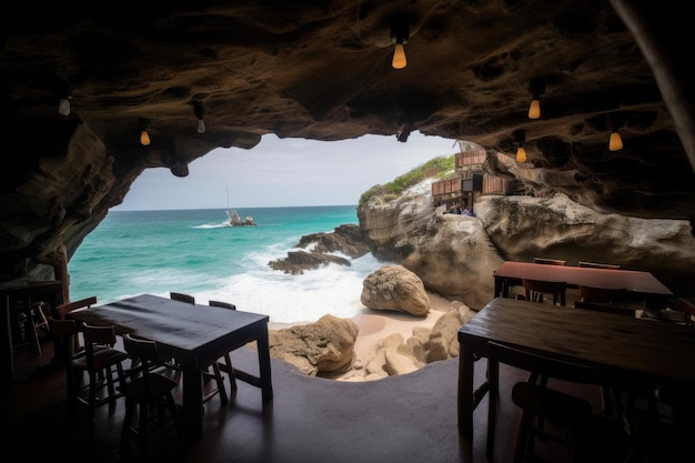 Uma caverna com vista para o mar e um bar dentro