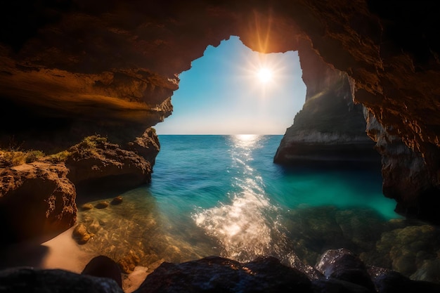 Uma caverna com vista para o oceano