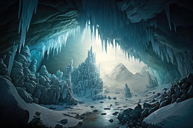 Uma caverna congelada cheia de pingentes de gelo brilhantes criando uma bela paisagem de inverno criada com ge