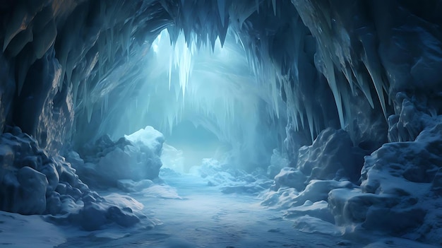 Uma caverna congelada com gelo e uma luz azul