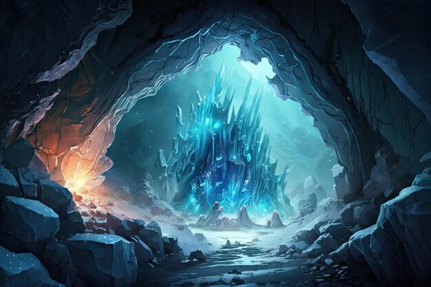 Uma caverna congelada com um cristal azul brilhante no centro cercado por esculturas de gelo criadas com