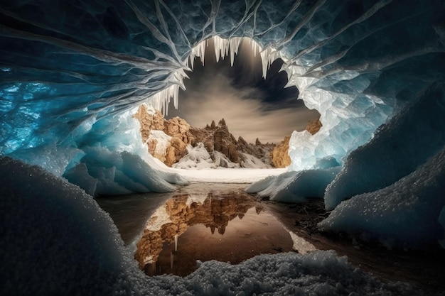 Uma caverna congelada com um lago de gelo em seu centro refletindo as estalactites geladas criadas com inteligência