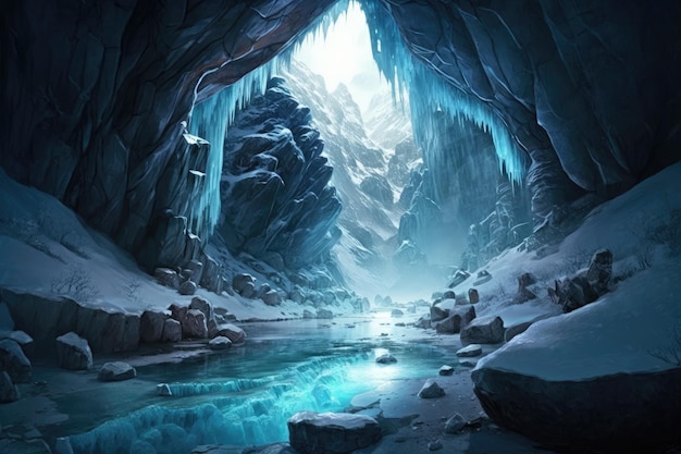 Uma caverna congelada com um rio correndo por ela criando uma cena sobrenatural criada com generati