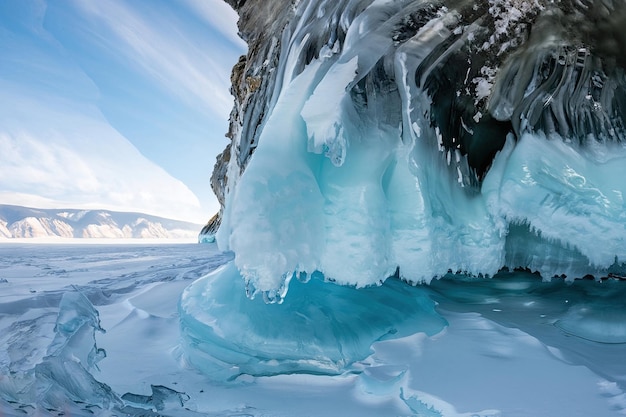 Uma caverna de gelo congelada com um iceberg azul ao fundo