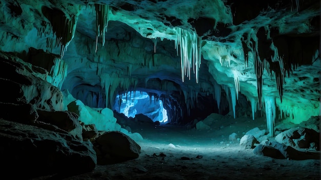 Foto uma caverna de gelo mística iluminada com uma iluminação azul e verde etérea.