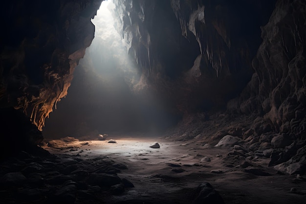 Uma caverna e uma caverna de estalactites explorando a espeleologia