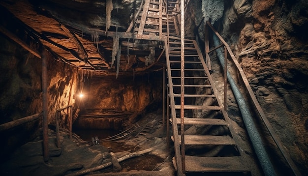 Uma caverna escura com uma escada que leva até o topo.