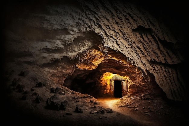 Uma caverna escura com uma porta que diz 'the dark door'