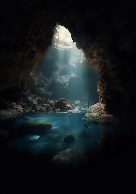 Uma caverna meio cheia de água com rochas detalhadas incidentes efeitos de luz fortes reflexos de água