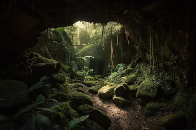 Uma caverna na selva com musgo e plantas