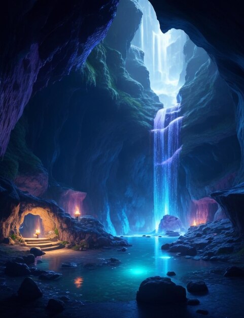 Uma caverna subterrânea escondida com cristal brilhante generativo ai