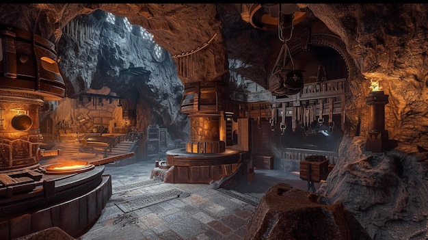 Foto uma caverna subterrânea transformada numa magnífica forja anã.