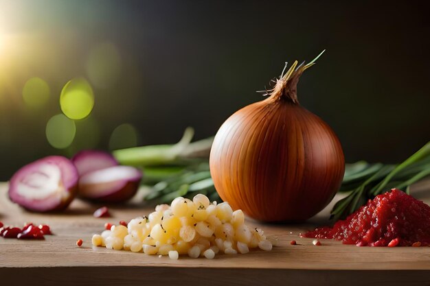 Uma cebola inteira e outros ingredientes em uma tábua com pimenta vermelha e outros ingredientes.