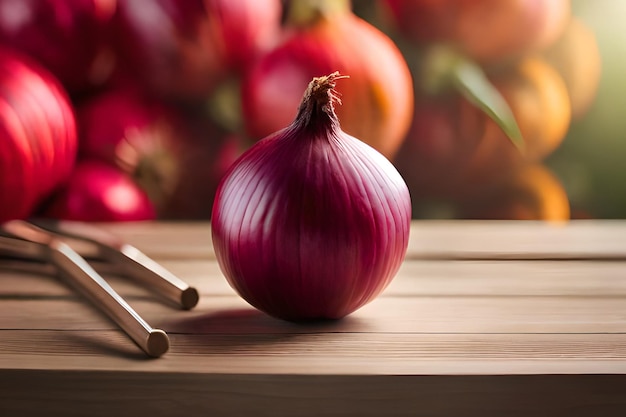 Uma cebola vermelha em uma mesa de madeira com um fundo desfocado de maçãs vermelhas ao fundo