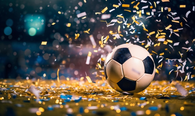 Uma celebração de vitória de futebol com confeti caindo