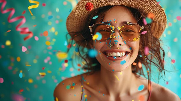 Foto uma celebrante de aniversário adornada com um botão de aniversário e cercada por flâmulas