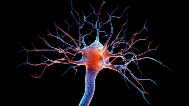 Uma célula neuronal com nós de ligação brilhantes Uma célula nervosa no cérebro IA generativa