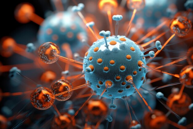 Foto uma célula viral é mostrada sendo coberta com várias pequenas bolas de metal