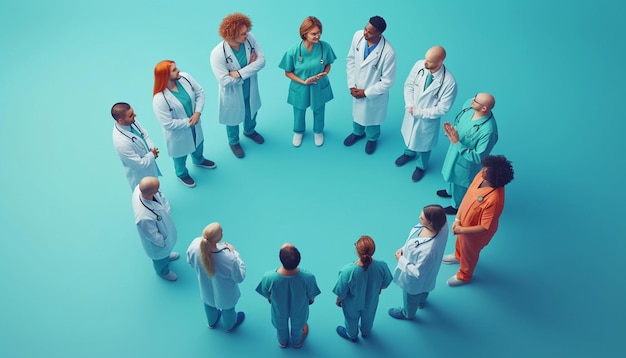 uma cena 3D com pessoal médico de pé em um círculo de cuidados