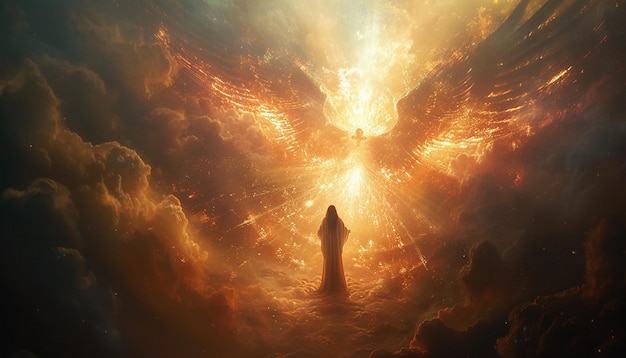uma cena 3D com um anjo anunciando a ressurreição