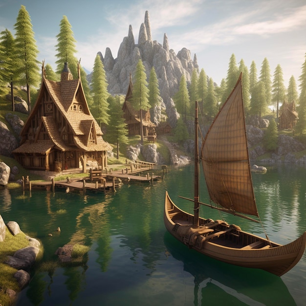Uma cena 3D de uma vila Viking ao lado de um lago com um escaler no forground