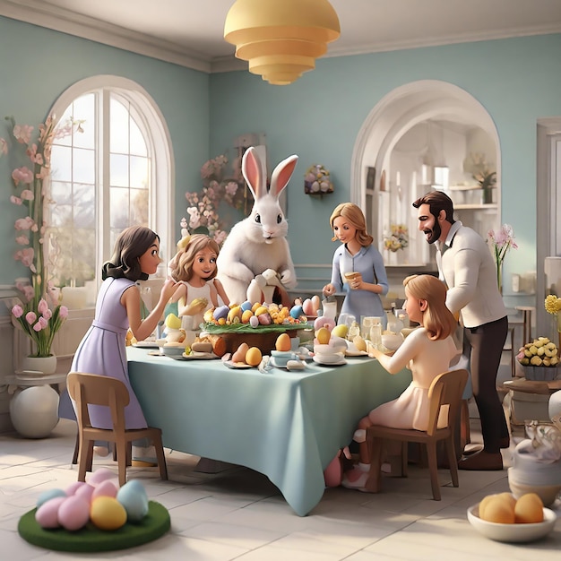 Uma cena 3D retratando uma reunião familiar para o brunch de Páscoa