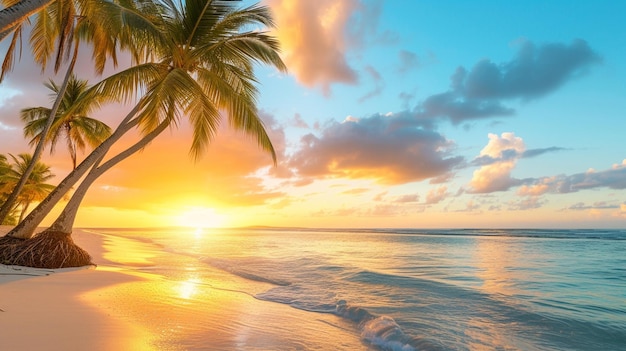 Uma cena à beira-mar com águas azuis, palmeiras e um pôr-do-sol dourado