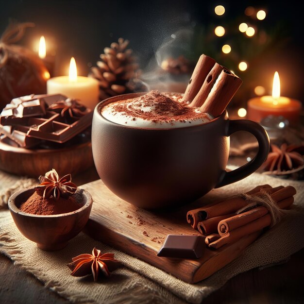 Uma cena aconchegante de chocolate quente com canela e chocolate em uma mesa de madeira iluminada por luzes de Natal