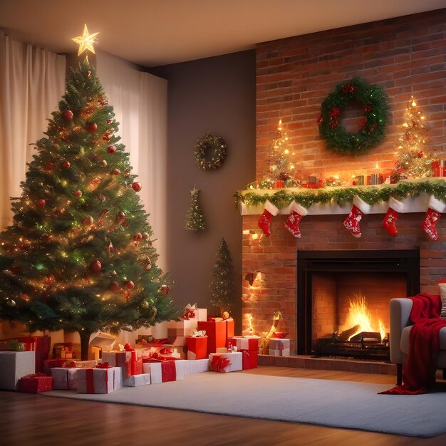 Uma cena aconchegante de Natal numa sala de estar com uma lareira de tijolos Foto realista gerada pela IA