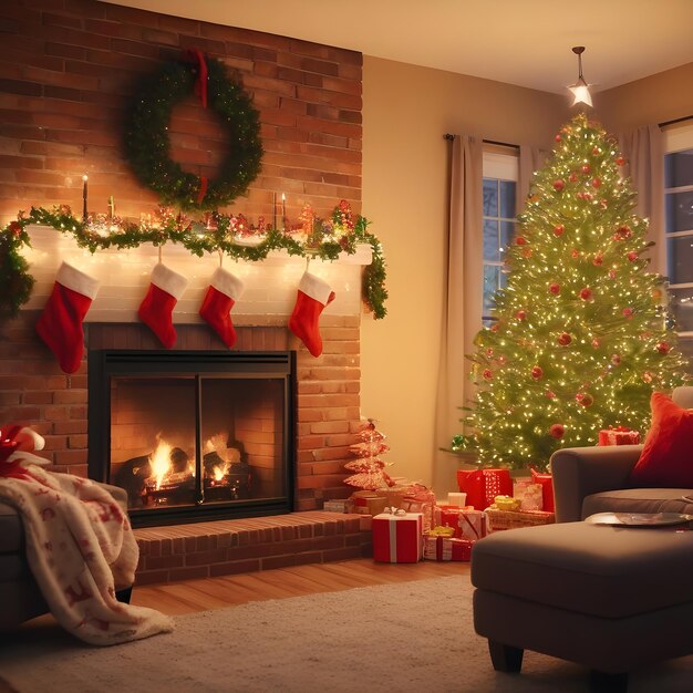 Uma cena aconchegante de Natal numa sala de estar com uma lareira de tijolos Foto realista gerada pela IA