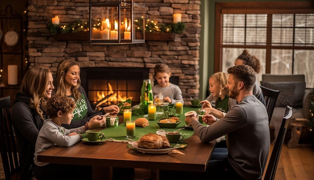 Uma cena aconchegante de uma refeição em família com decorações do Dia de São Patrício